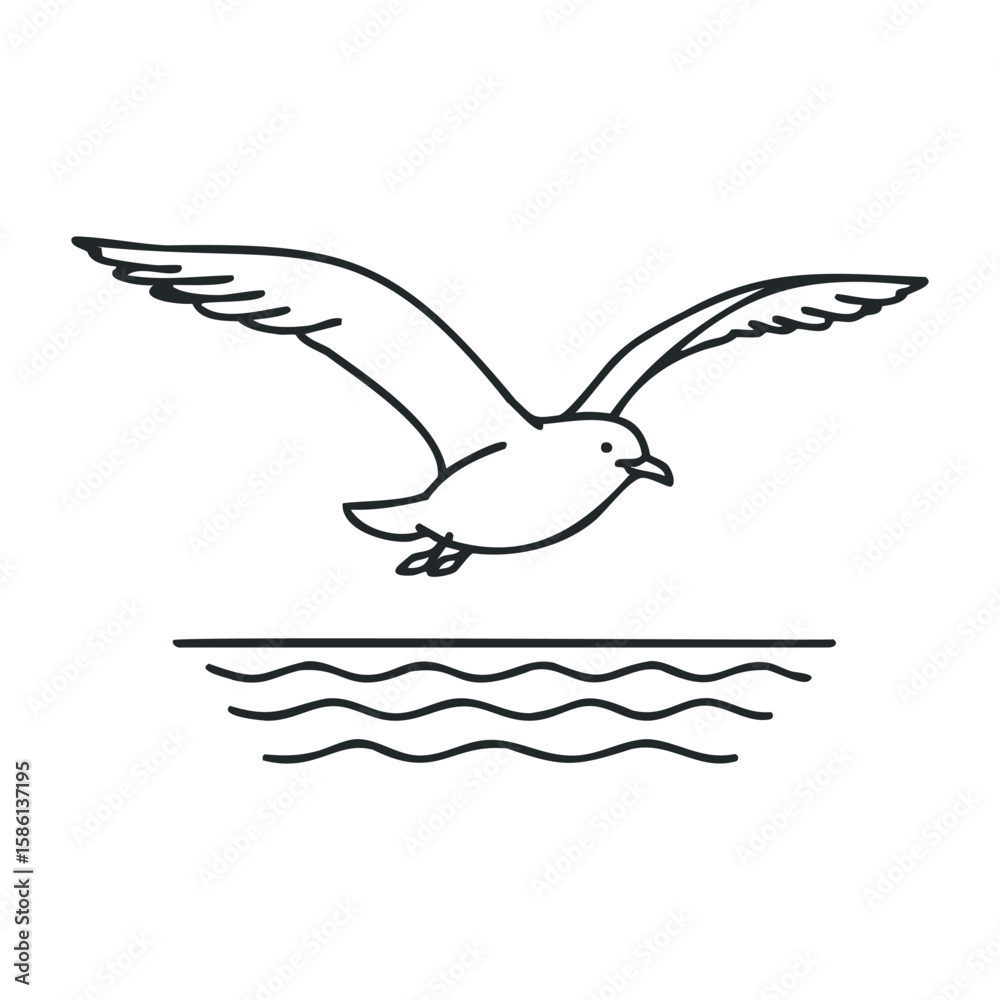 Line drawing of a seagull flying over ocean waves minimalistic design. Outline vector illustration Line drawing of a seagull flying over ocean waves minimalistic design. Outline vector illustration