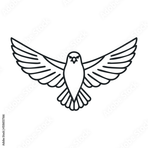 Minimalist outline of dove with outstretched wings in flight. Outline vector illustration
