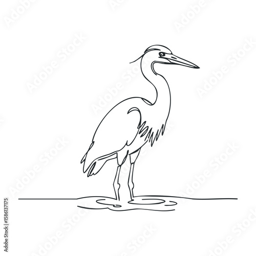 Simple line drawing of a heron standing in water. Outline vector illustration