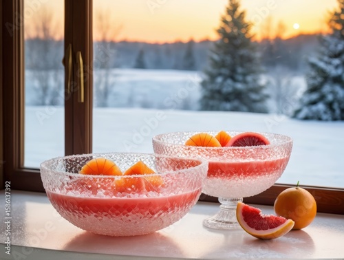 Melon balls—cantaloupe, watermelon, and blood orange segments—in a crystal bowl on a frosted window ledge. Indoor candlelight, snowy outdoor view through glass creates a cozy winter mood.