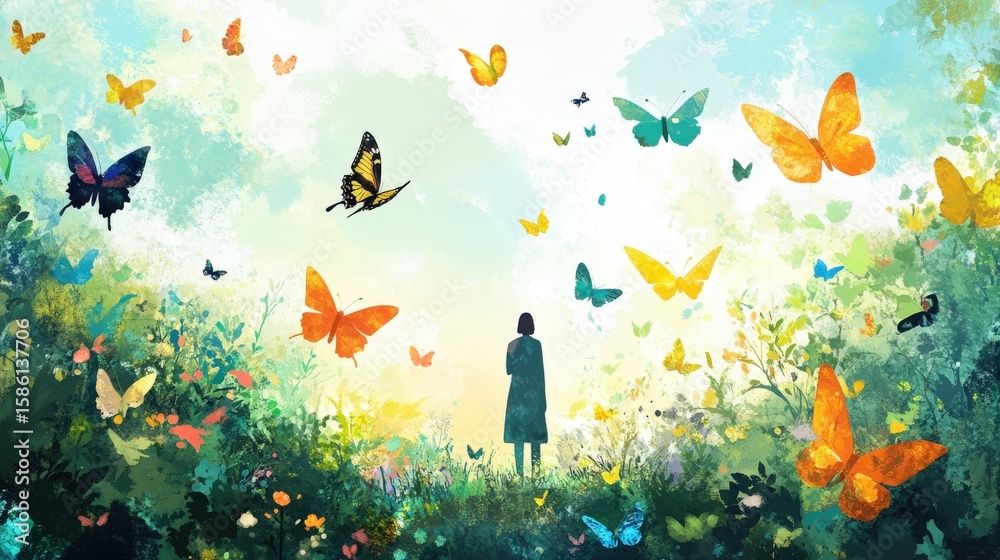 Obraz premium A solitary figure amidst a flourishing meadow of flowers and butterflies.