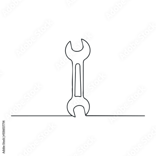 Minimalist continuous line drawing of a wrench in black and white. Outline vector illustration