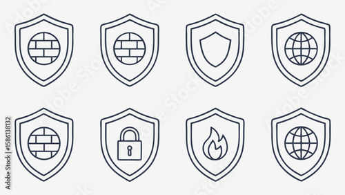 Shield icons with globe lock and fire symbols security protection