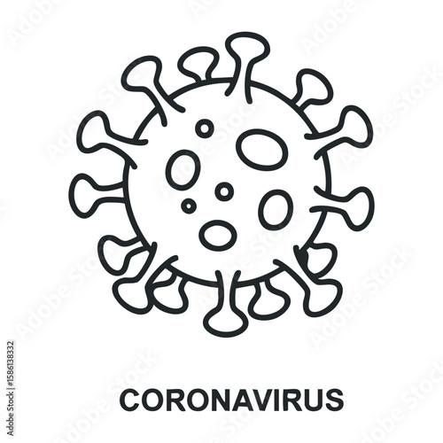 Black and white coronavirus symbol with spikes and circular patterns. Outline vector illustration