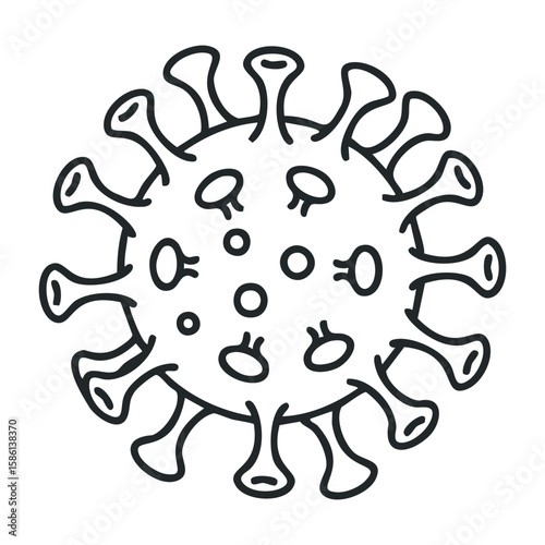 Black and white coronavirus icon with spiky surface and circular core. Outline vector illustration