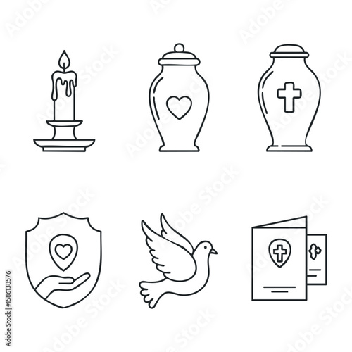 Funeral symbols and icons set: candle, urns, dove, shield with heart, memorial card. Outline vector illustration