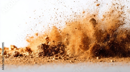 Dynamic explosion of dirt dust and debris kicked up into the air against white background.