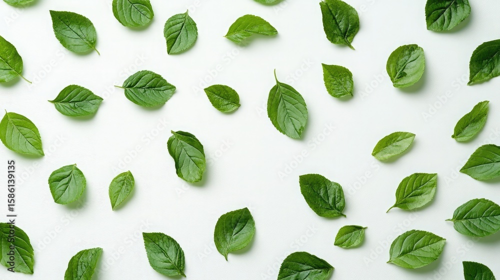 Green Leaves Scattered on a White Background, Isolated Green Leaves Scattered on a White Background, Isolated