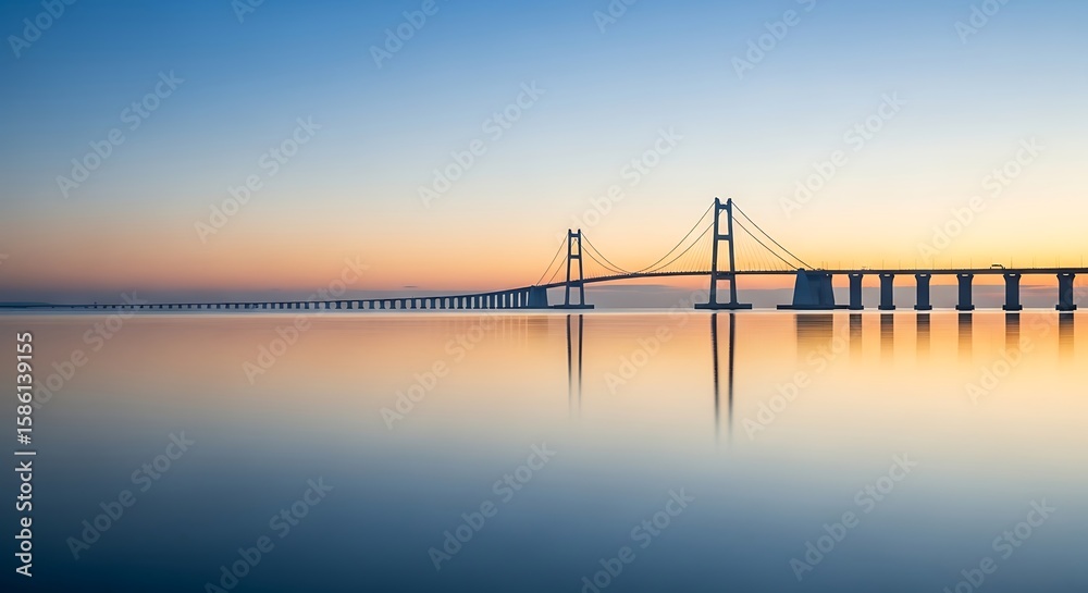 Fototapeta premium Serene bridge landscape at dusk reflecting on calm water with a beautiful gradient sky background view.