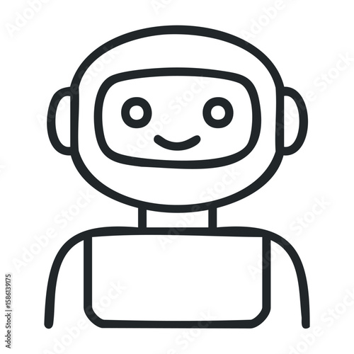Smiling robot with simple design and rounded features on white background. Outline vector illustration
