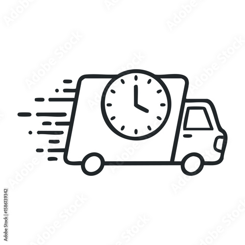 Fast delivery van with clock symbolizing express shipping and timely service. Outline vector illustration