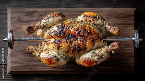 A perfectly cooked rotisserie chicken, seasoned and grilled to golden perfection, ideal for culinary presentations and recipes.