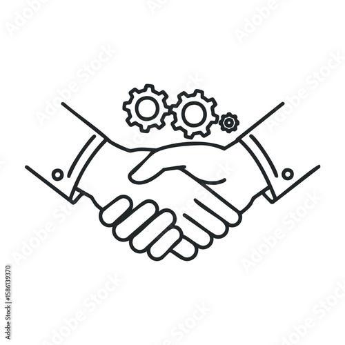 Black and white business handshake with gears symbolizing partnership and cooperation. Outline vector illustration