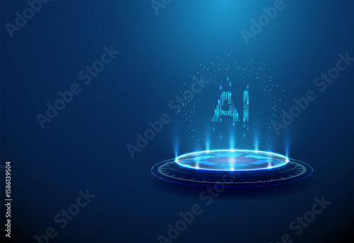 Letters AI on futuristic podium. Artificial intelligence in science, research, data-driven innovation concept. Glowing AI symbol, sci-fi platform.