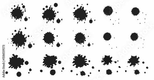 Vector  collection of black ink splatters arranged in rows on a white background, showing various shapes and sizes
