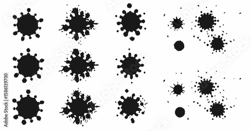 Vector  illustration of multiple black ink splatters and blots arranged on a white background in various sizes