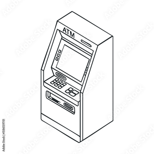 Isometric illustration of atm machine with keypad and screen. Outline vector illustration