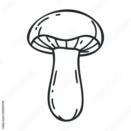 Simple black and white line drawing of a single mushroom on white background. Outline vector illustration