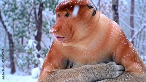 A tropical proboscis monkey shivering in a cold snowy landscape, showing climate contrast and vulnerability.