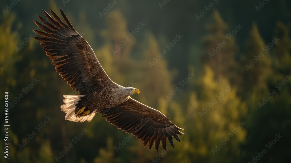 Fototapeta premium Majestic eagle soaring through the sky with forested background in natural daylight.