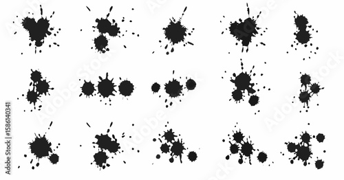 Vector  collection of black ink splatter designs with various sizes and arrangements on a white background surface
