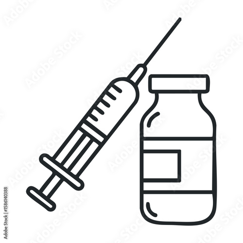 Vaccine syringe and medicine bottle line art - healthcare and immunization concept. Outline vector illustration