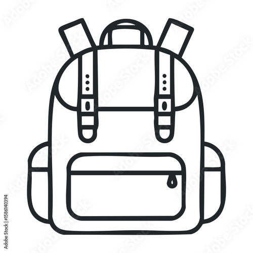 Simple outline of a backpack with multiple compartments and straps. Outline vector illustration