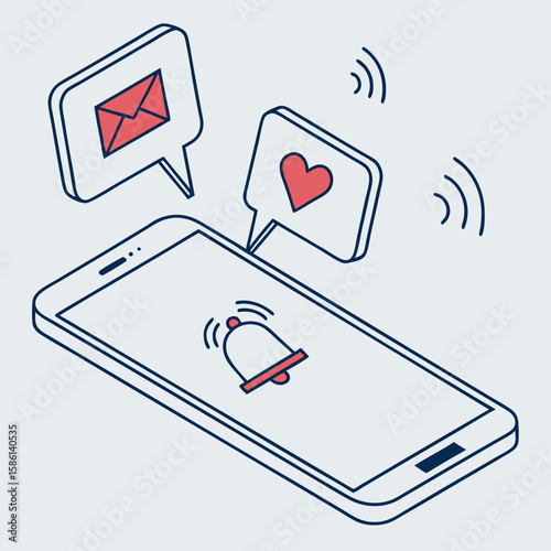 Smartphone receiving notifications with message and like icons  