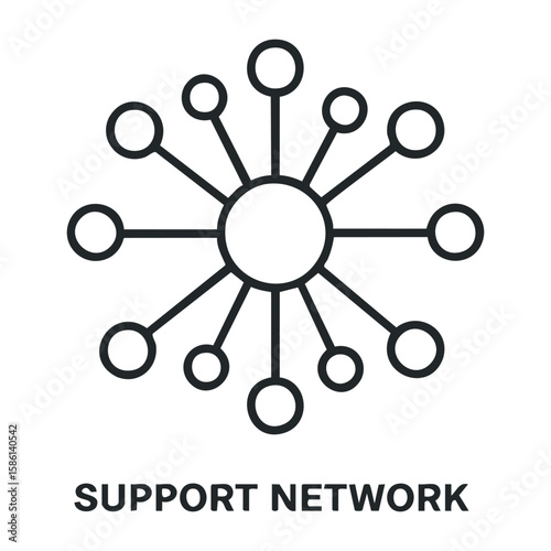 Support network concept with central node and connected lines in minimalist design. Outline vector illustration