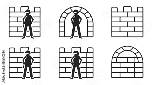 Soldier guarding castle battlements and archways vector