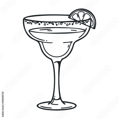 Margarita cocktail glass with lime slice and salted rim in black and white line art. Outline vector illustration