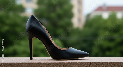 Close up of a single black high heel shoe on a ledge with blurred background
