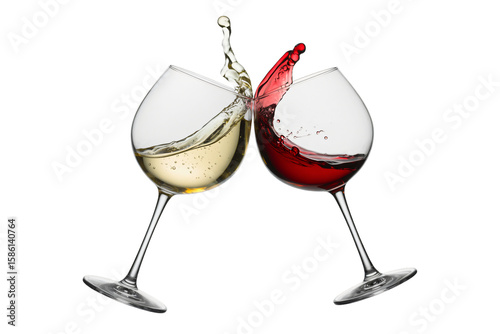  two wine glasses clinking together in a celebratory toast, with dynamic splashes of both white and red wine elegantly captured mid-air.