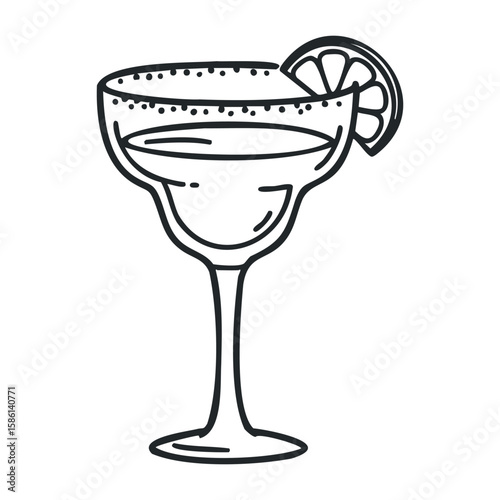 Margarita glass with salt rim and lime wedge in black and white outline. Outline vector illustration