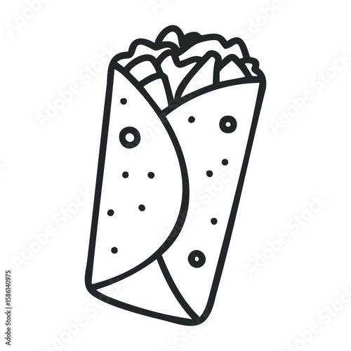 Outline of a delicious burrito wrapped in a tortilla filled with ingredients. Outline vector illustration