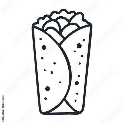 Simple black and white burrito icon with dots on tortilla wrap. Outline vector illustration