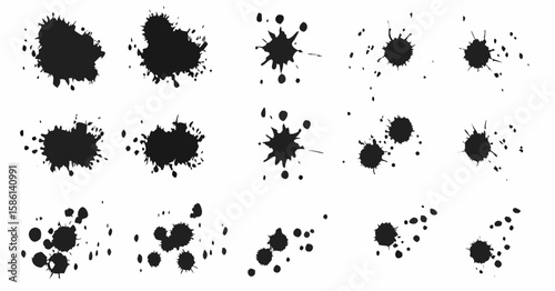 Vector  collection of black ink splatters and blots in various shapes and sizes scattered across a white background