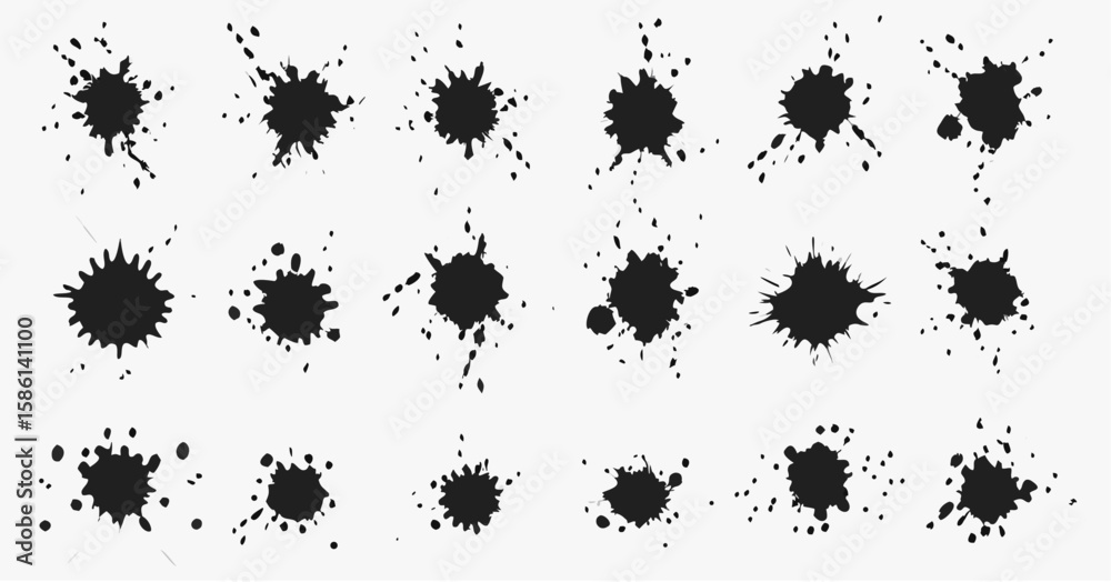 Vector  collection of twenty one black ink splatters and blots scattered on a white background in various shapes