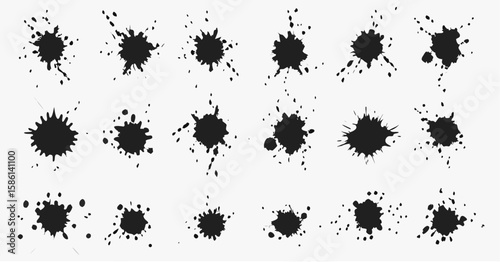 Vector  collection of twenty one black ink splatters and blots scattered on a white background in various shapes