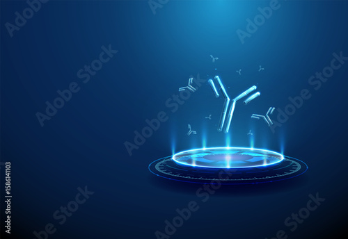 Antibodies on futuristic digital podium with neon lighting and light beams. Immunotherapy, artificial immunity, biotechnology innovation, nanomedicine concept.