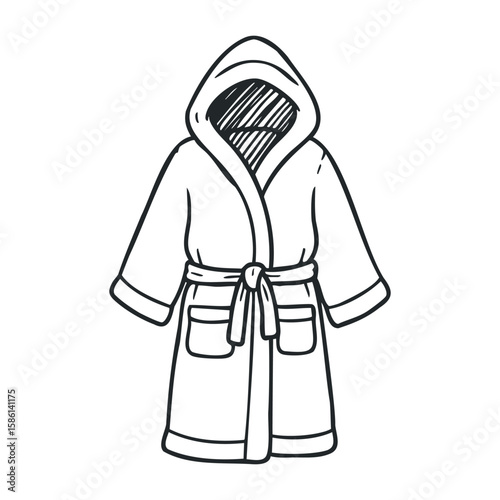 Black and white drawing of a hooded bathrobe with pockets and belt. Outline vector illustration