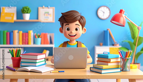 Cartoon boy studies with a laptop at a desk filled with books, pencils, and school supplies in a bright room.