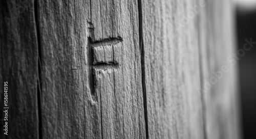 Monochrome Wood Texture with the Letter F: The close-up view captures the texture of weathered wood with the letter F carved into it, which showing the history of time.