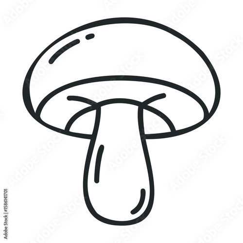 Black and white mushroom outline drawing with simple bold lines. Outline vector illustration