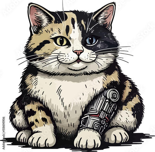 Cute cartoon kitten and mouse with a fish, isolated black and white feline vector illustration