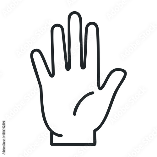 Outline of human hand illustration with five fingers in black line art style. Outline vector illustration