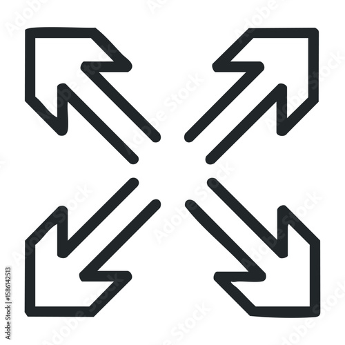 Four intersecting arrows pointing outward in bold black outline. Outline vector illustration