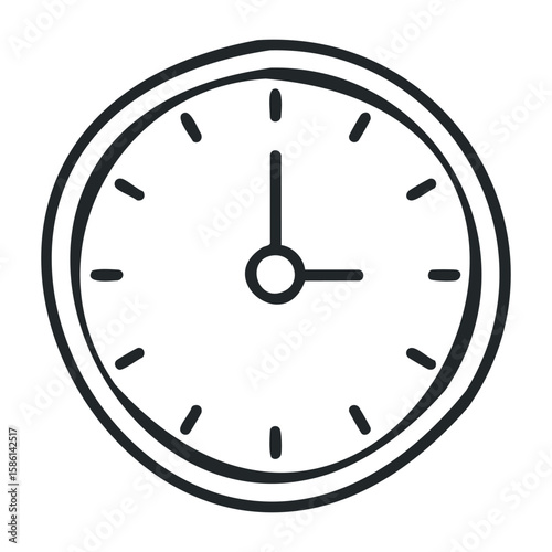 Minimalistic black and white wall clock showing one o'clock with simple round design. Outline vector illustration