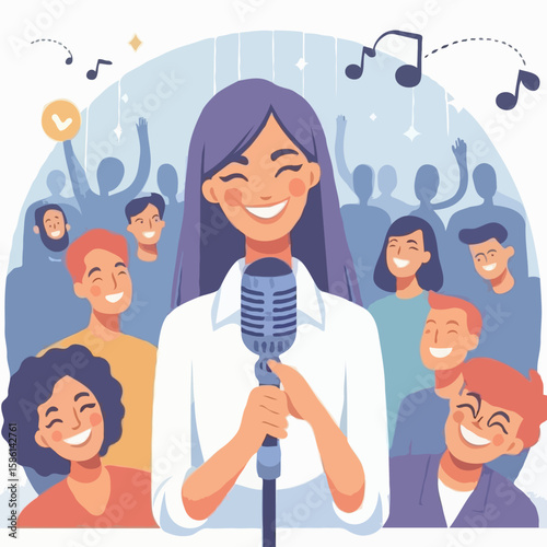 Illustration of a smiling woman performing live in front of an enthusiastic crowd