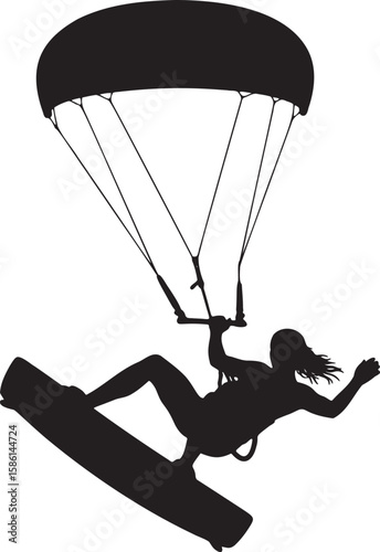 Silhouette of person paragliding with parachute in midair on white background